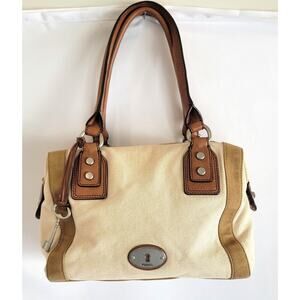 Fossil Ivory Canvas Handbag Brown Leather Handle Key decor